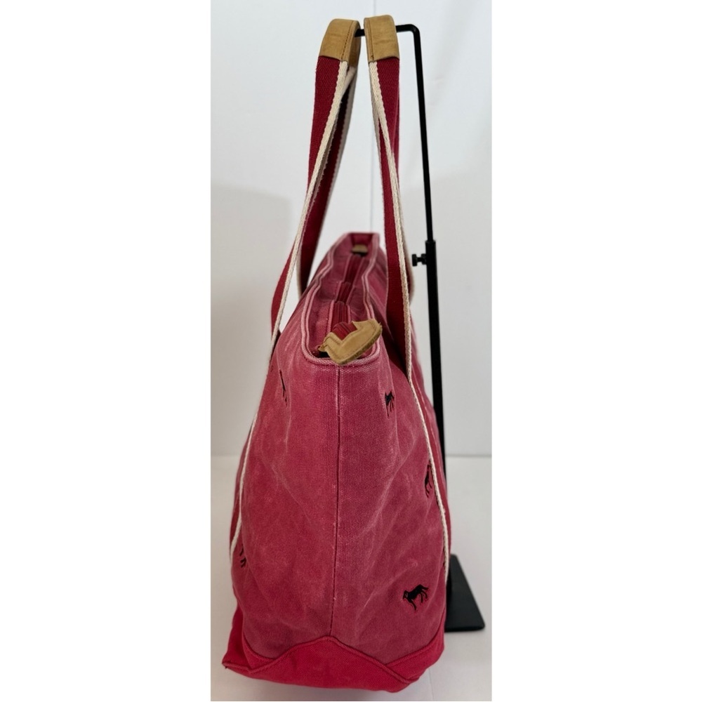 L.L. Bean Vintage Boat Tote Bag Embroidered Black Dog Canvas & Leather Light Red - Picture 2 of 15